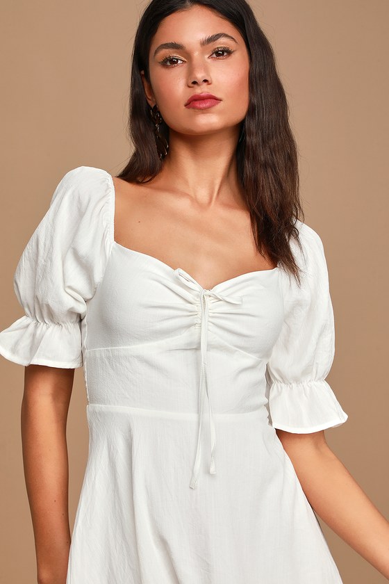 Pretty Puff Sleeve Dress - White Mini ...